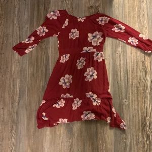 Red Long Sleeve Dress with Pink and White Flowers on it